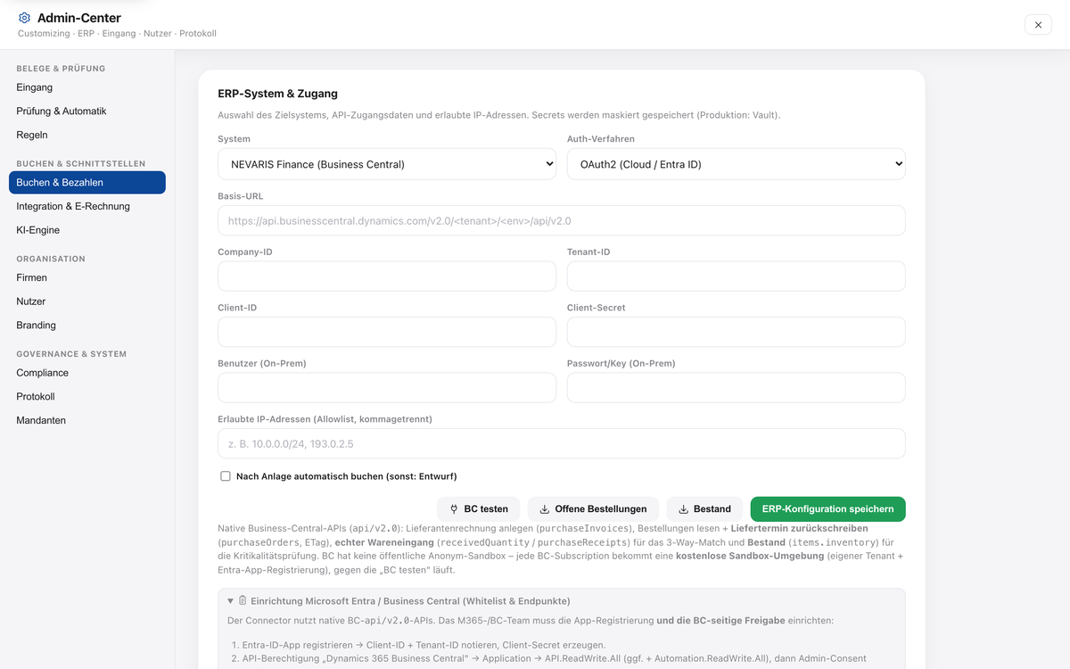 BelegrAIdar-Admin-Center mit NEVARIS Finance (Business Central) als Buchungsziel
