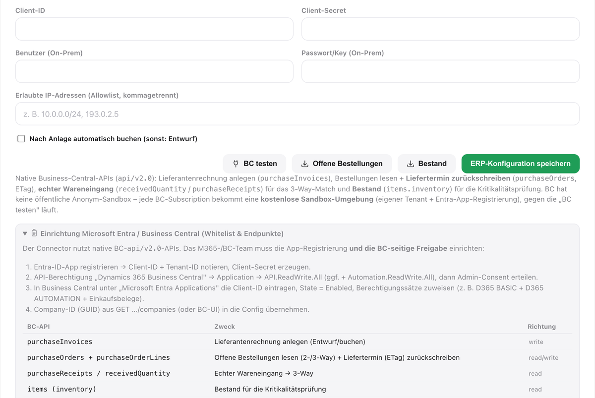 Business-Central-Anbindung in BelegrAIdar: Entra-ID-Zugang, Verbindungstest und api/v2.0-Endpunkte