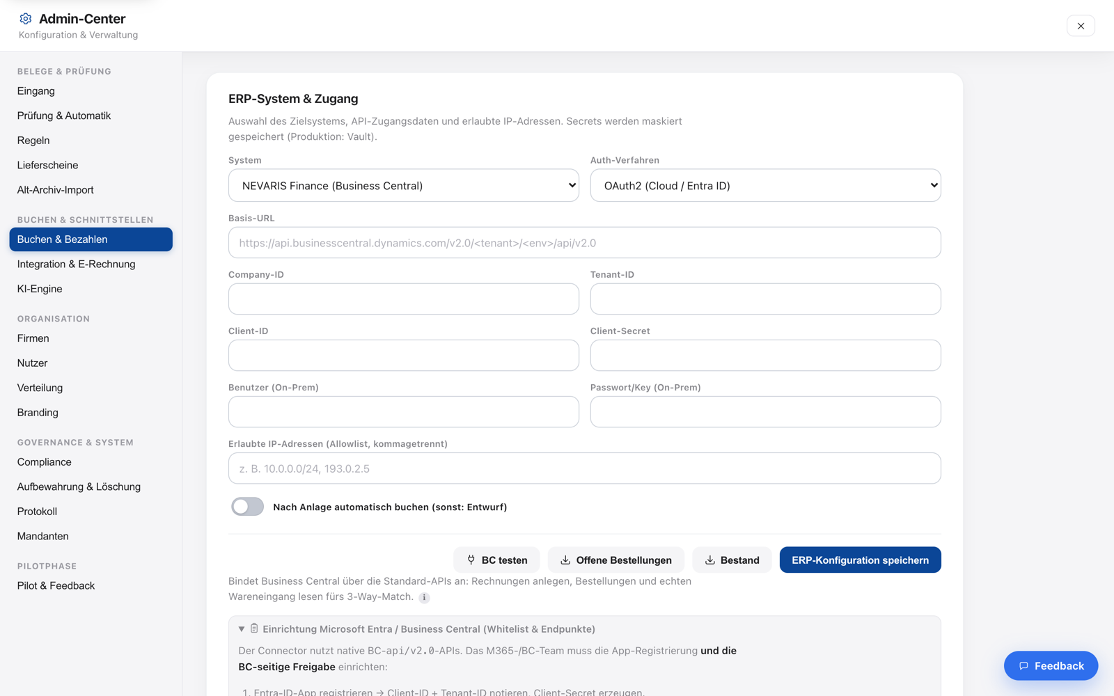 ERP-Anbindung: Buchen und Standard-API-Konfiguration im Admin-Center